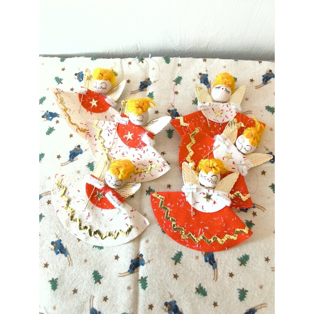 Lot of 6 VTG MCM Chenille Pipe Cleaner Paper Angel Christmas Ornaments Japan